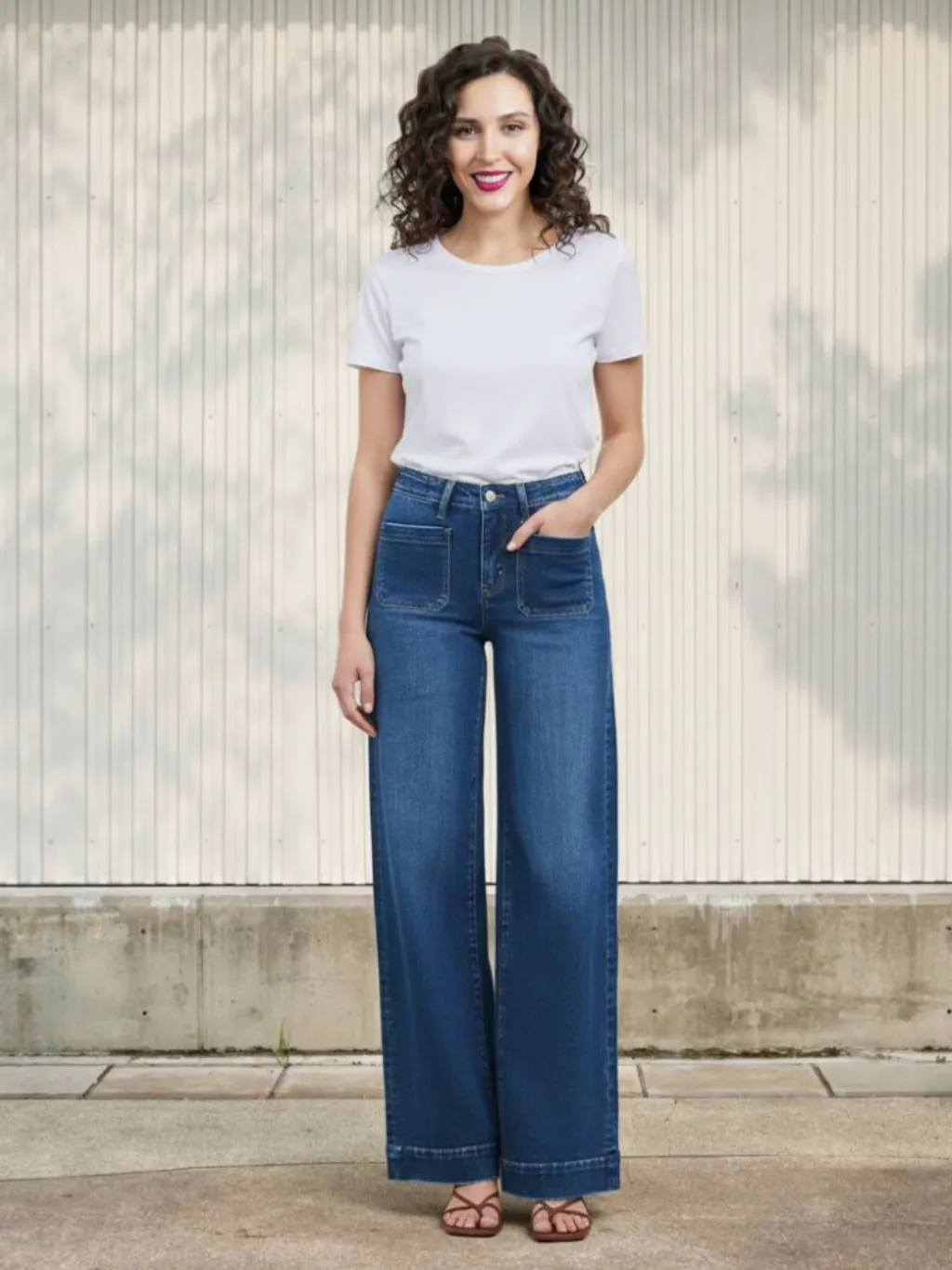 Women's Dark Blue Washed Wide-Leg Jeans