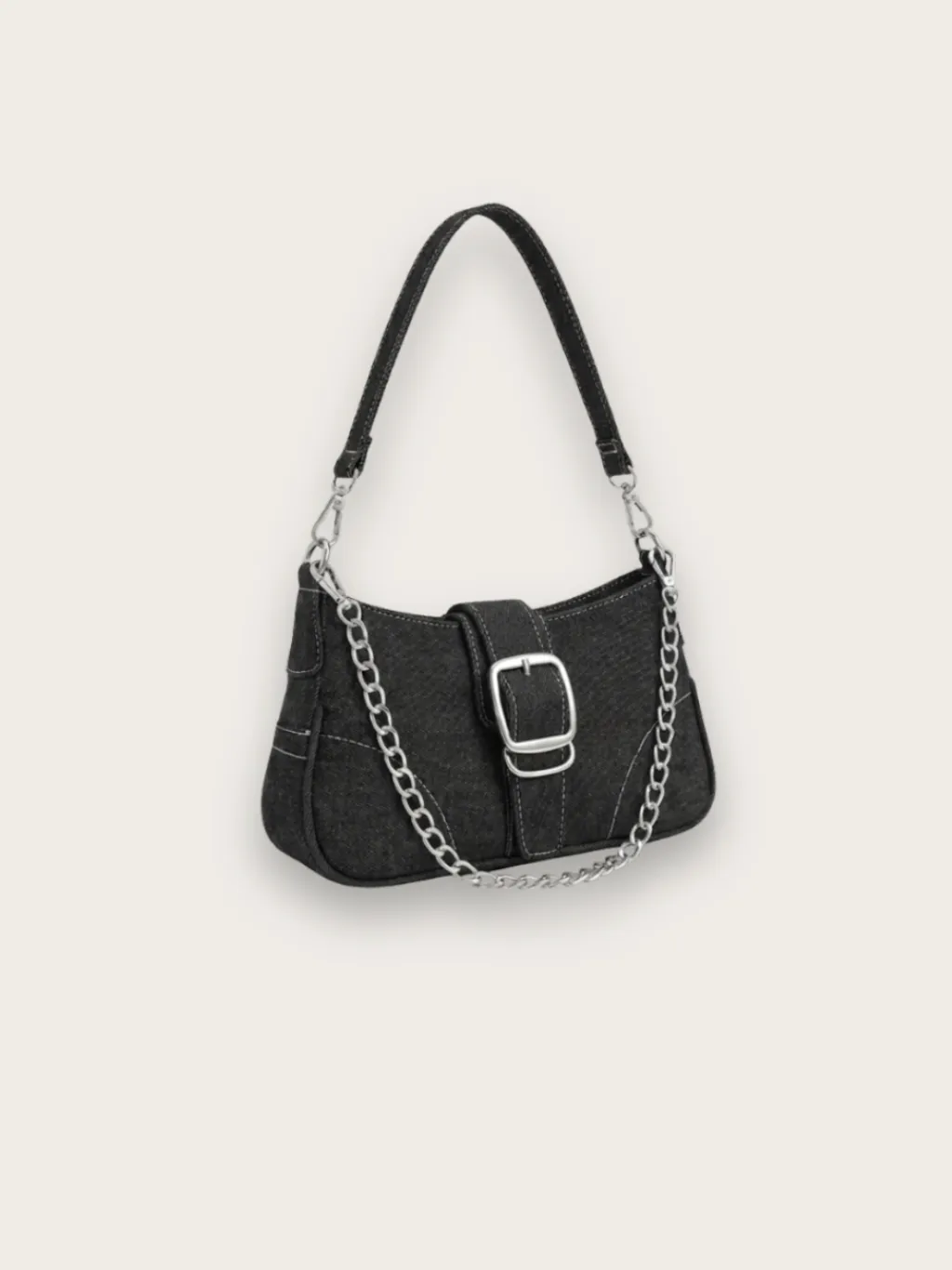 Women's Denim Baguette Shoulder Bag with Chain