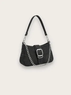 Women's Denim Baguette Shoulder Bag with Chain — view 1