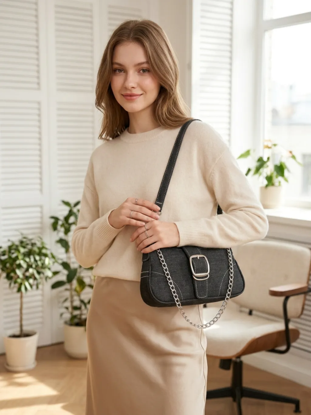 Women's Denim Baguette Shoulder Bag with Chain — a pair designed to be worn everywhere