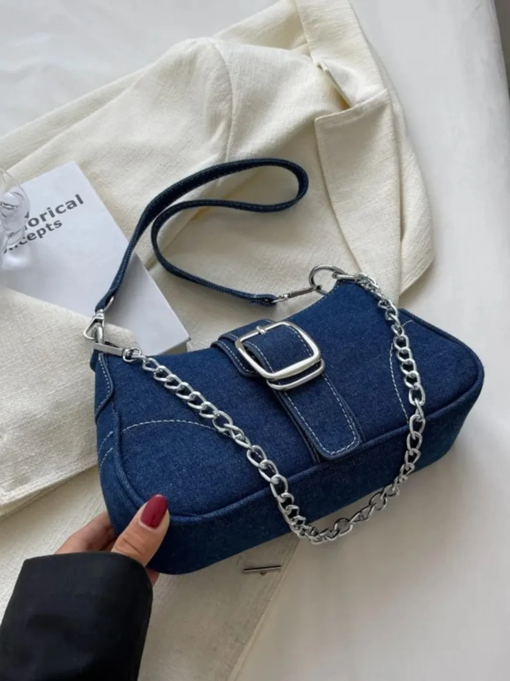 Women's Denim Baguette Shoulder Bag with Chain — quality denim, made to last