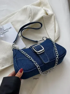 Women's Denim Baguette Shoulder Bag with Chain — view 3
