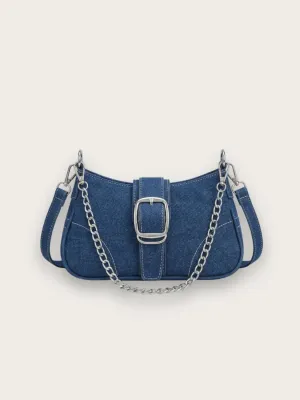 Women's Denim Baguette Shoulder Bag with Chain — view 5