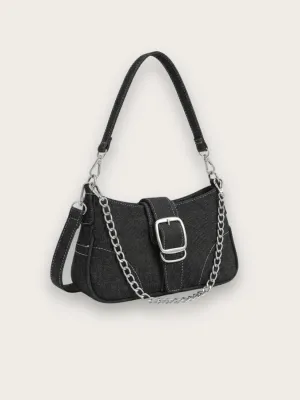 Women's Denim Baguette Shoulder Bag with Chain — view 6