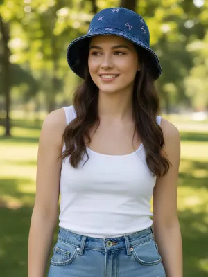 Women's Denim Bucket Hat with Bows & Stars — view 3