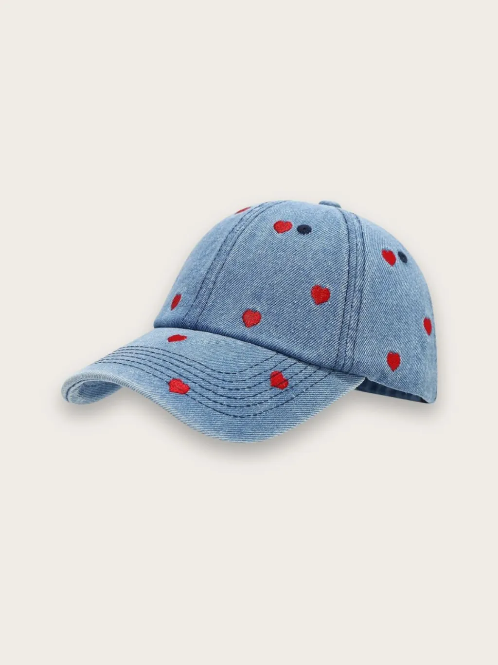 Women's Denim Cap with Red Embroidered Hearts