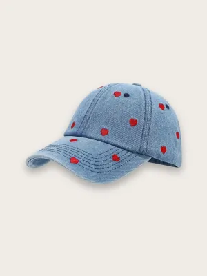 Women's Denim Cap with Red Embroidered Hearts — view 1