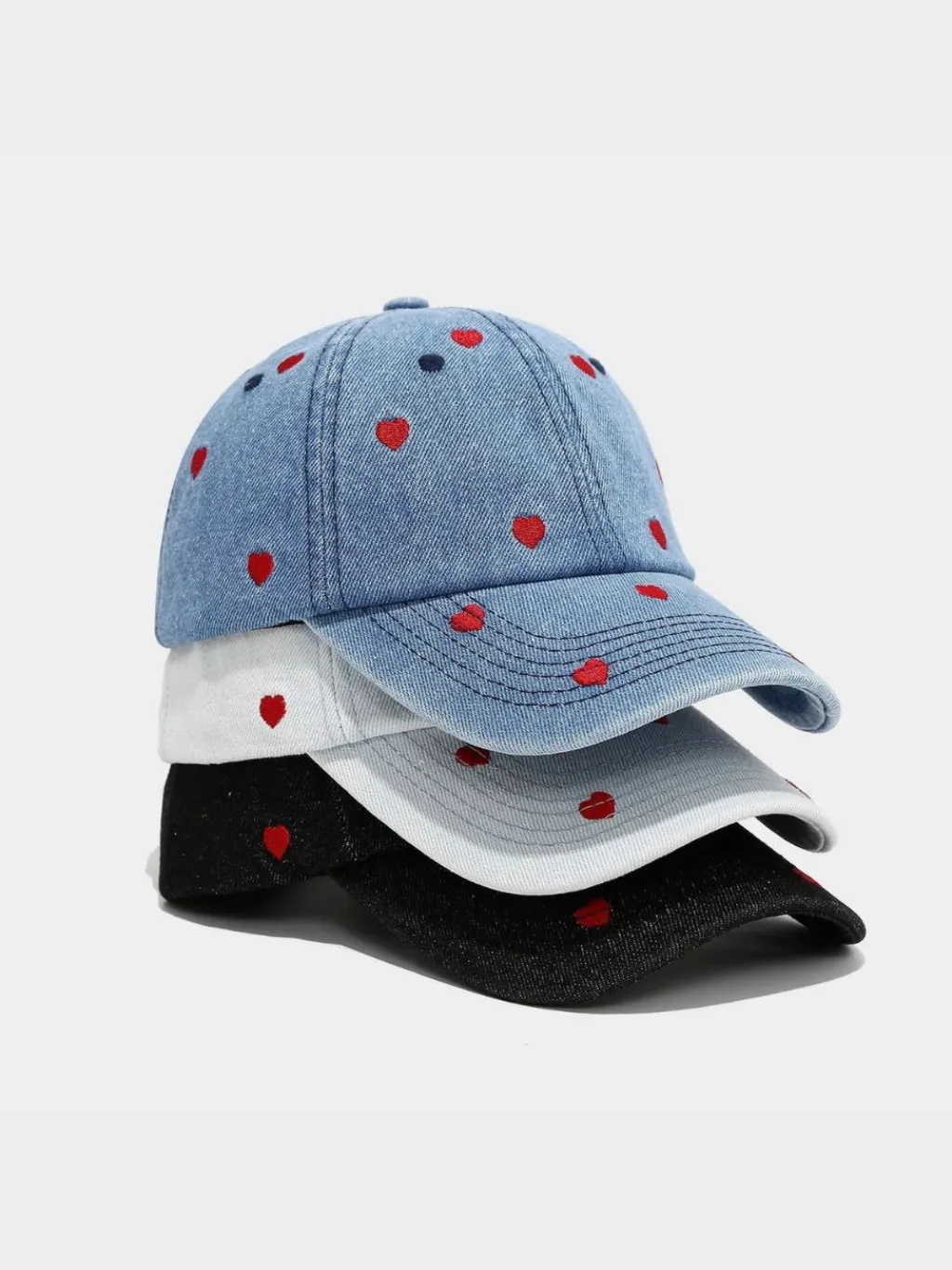 Women's Denim Cap with Red Embroidered Hearts — quality denim, made to last