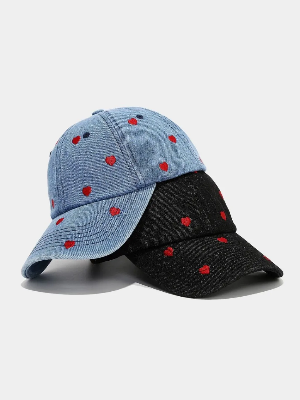 Women's Denim Cap with Red Embroidered Hearts — endless ways to style it