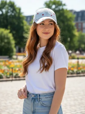 Women's Denim Cap with Red Embroidered Hearts — view 7
