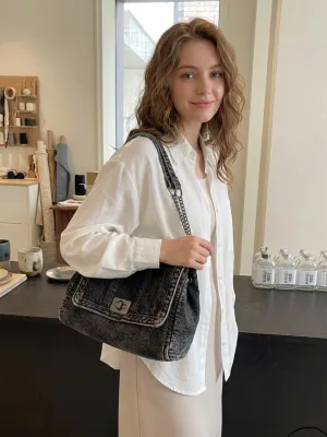 Women's Denim Flap Shoulder Bag with Chain Strap — view 3