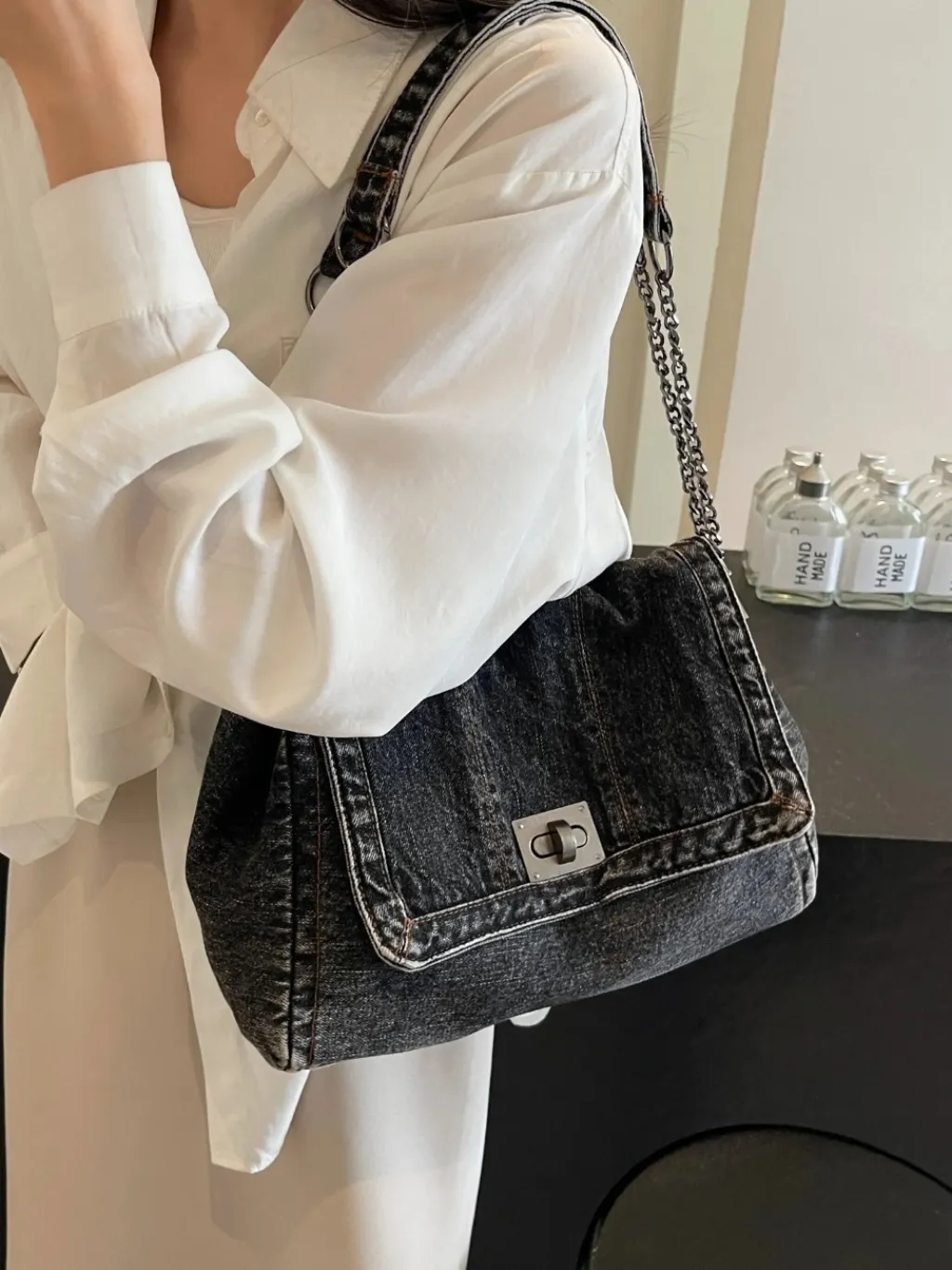 Women's Denim Flap Shoulder Bag with Chain Strap — endless ways to style it