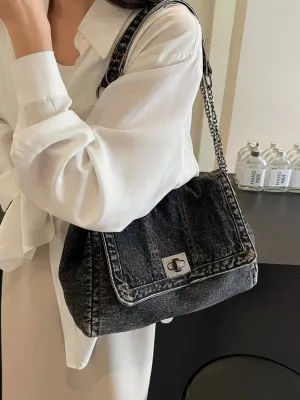 Women's Denim Flap Shoulder Bag with Chain Strap — view 4