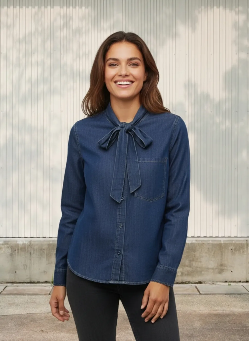 Women's Elegant Denim Shirt with Pussy-Bow