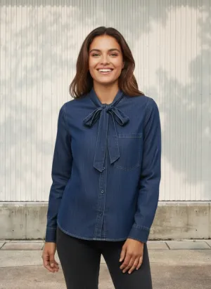 Women's Elegant Denim Shirt with Pussy-Bow — view 1