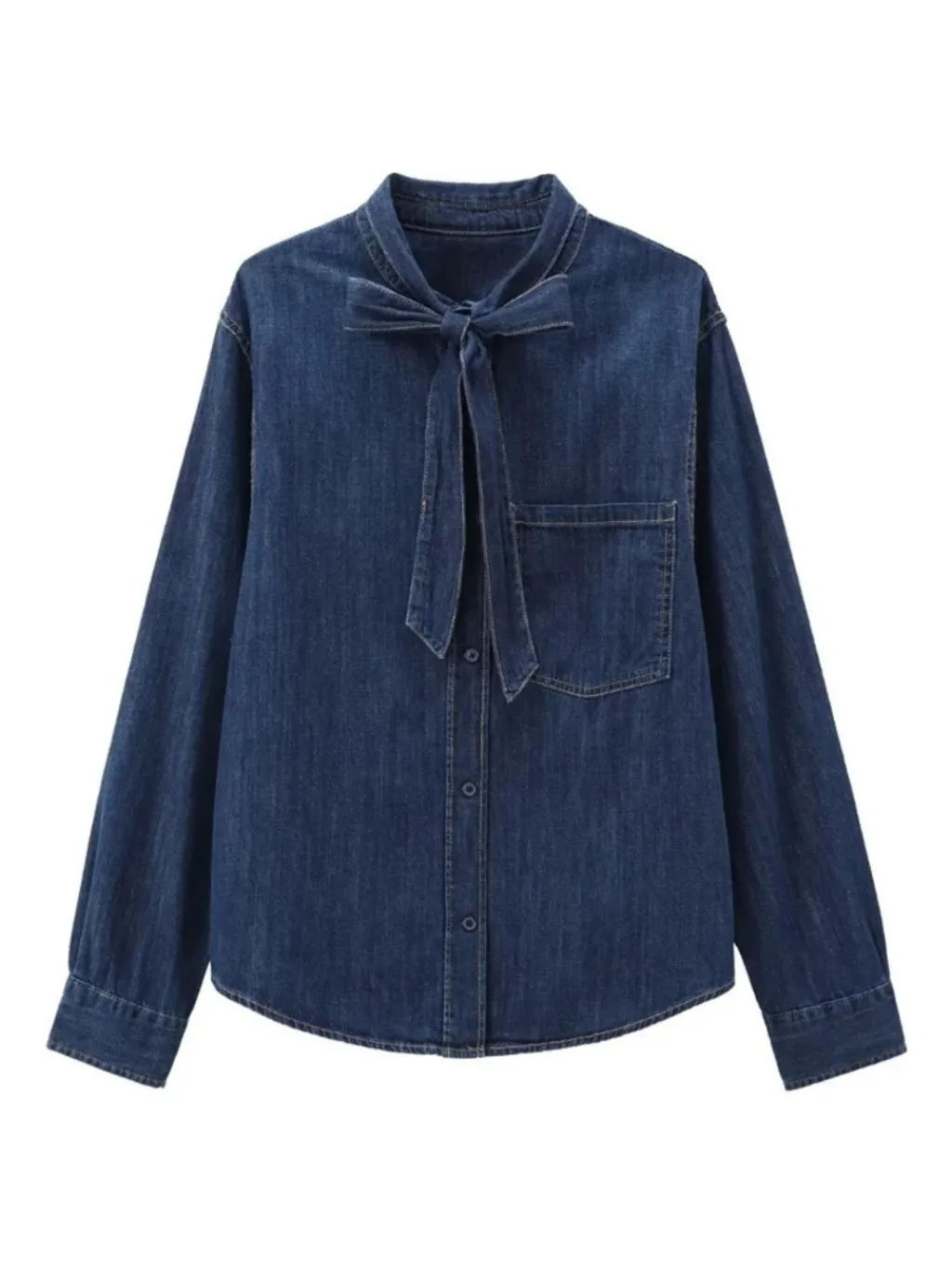 Women's Elegant Denim Shirt with Pussy-Bow — a pair designed to be worn everywhere