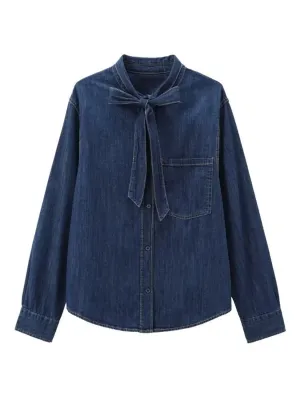 Women's Elegant Denim Shirt with Pussy-Bow — view 2