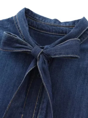 Women's Elegant Denim Shirt with Pussy-Bow — view 5