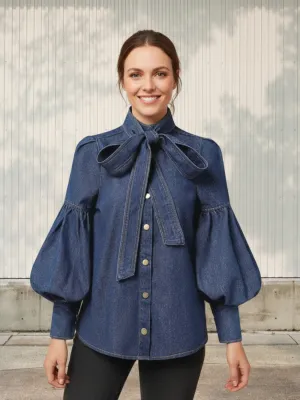 Women's Denim Shirt with Pussy-Bow and Puff Sleeves — view 1