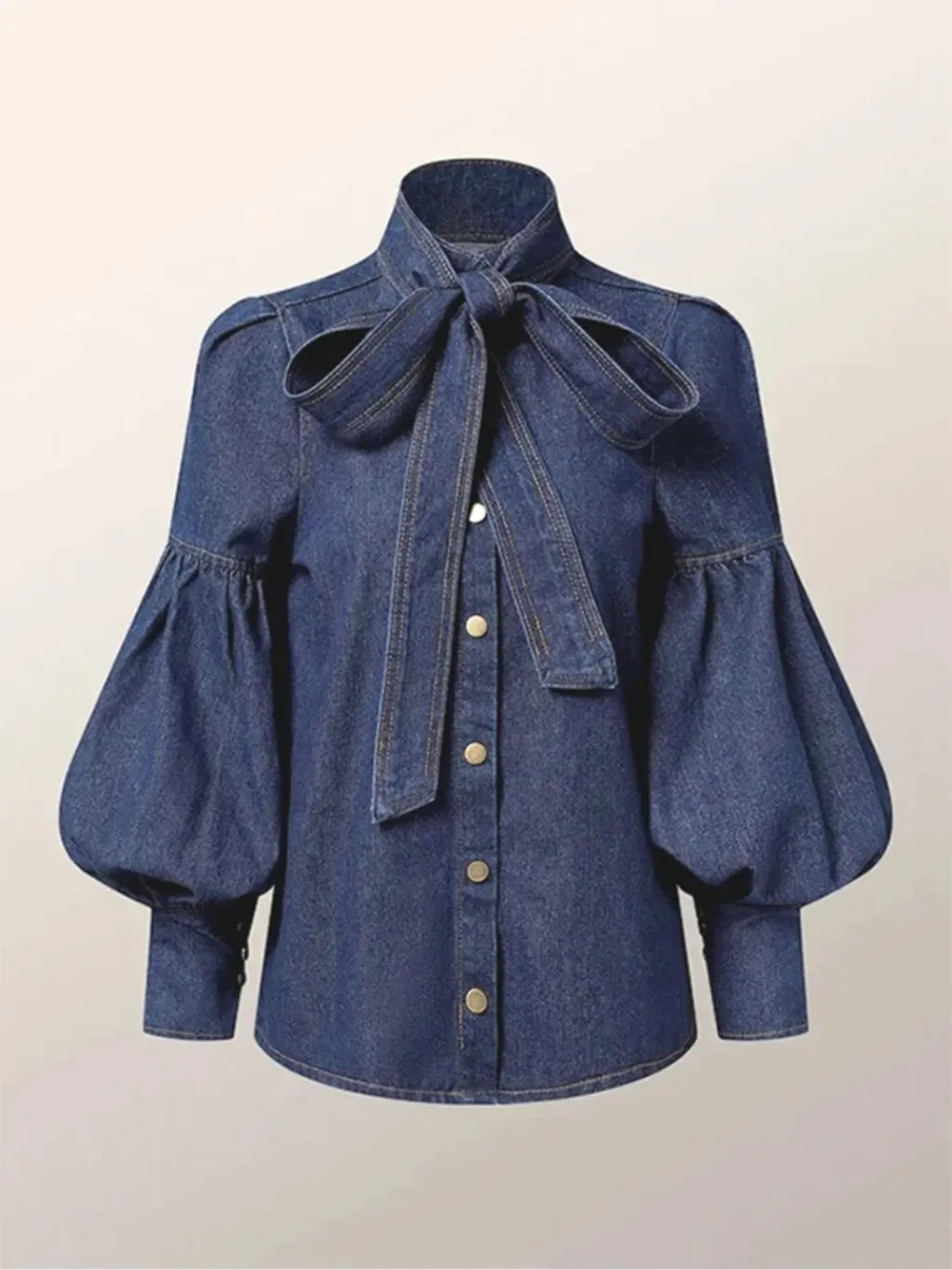Women's Denim Shirt with Pussy-Bow and Puff Sleeves — a pair designed to be worn everywhere