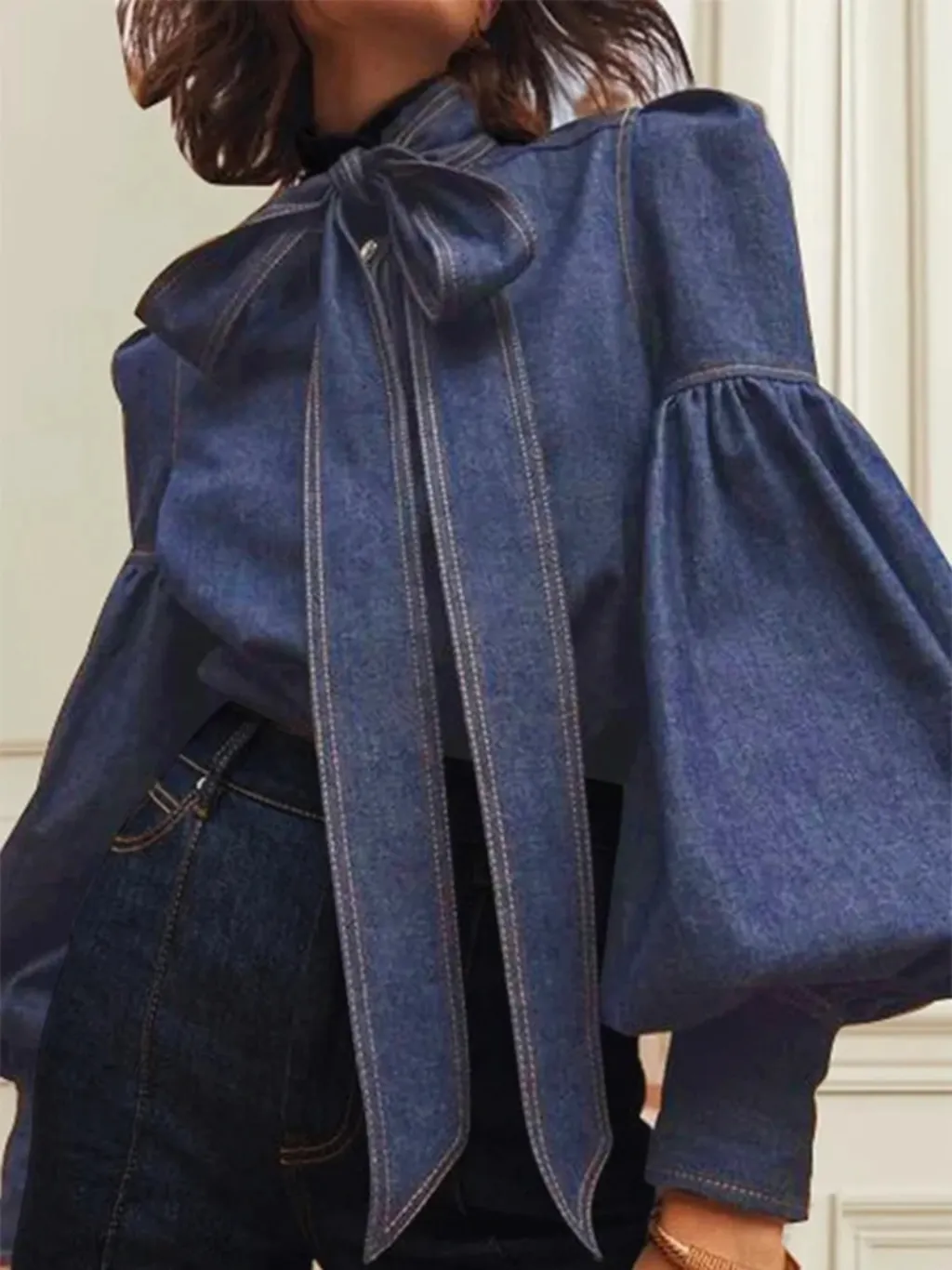 Women's Denim Shirt with Pussy-Bow and Puff Sleeves — quality denim, made to last