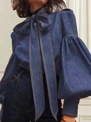 Women's Denim Shirt with Pussy-Bow and Puff Sleeves — view 3