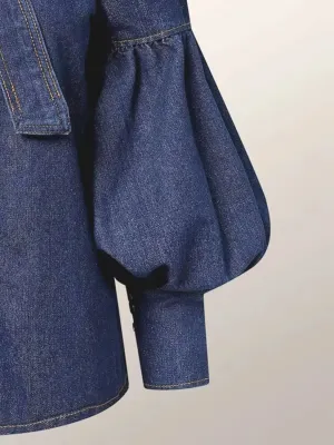 Women's Denim Shirt with Pussy-Bow and Puff Sleeves — view 5