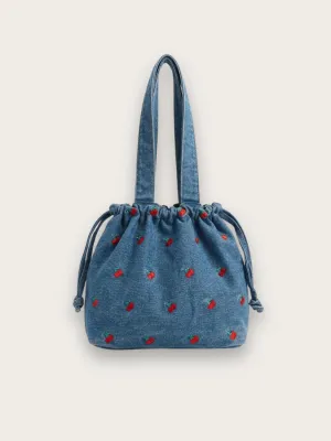 Women's Denim Shoulder Bag with Cherry Embroidery — view 1