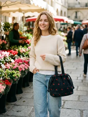 Women's Denim Shoulder Bag with Cherry Embroidery — view 3