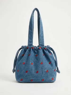 Women's Denim Shoulder Bag with Cherry Embroidery — view 4