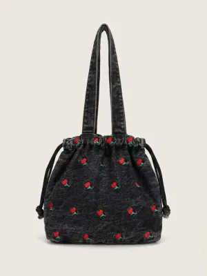 Women's Denim Shoulder Bag with Cherry Embroidery — view 5
