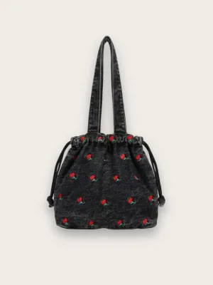 Women's Denim Shoulder Bag with Cherry Embroidery — view 6