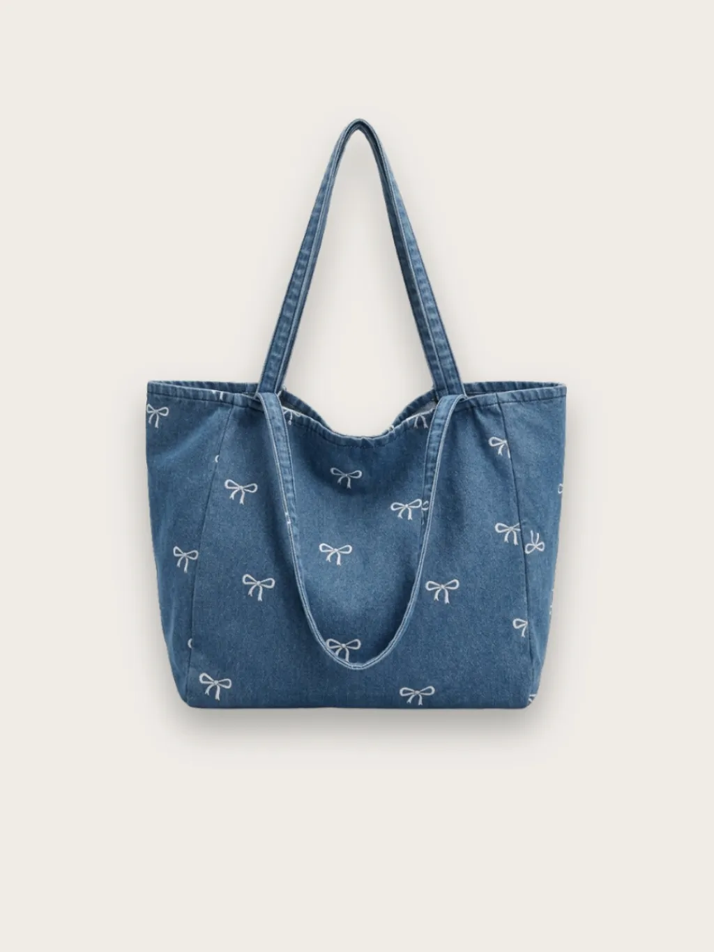 Women's Denim Tote Shoulder Bag with Bow Motif