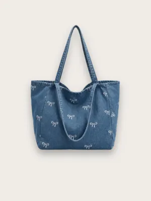 Women's Denim Tote Shoulder Bag with Bow Motif — view 1