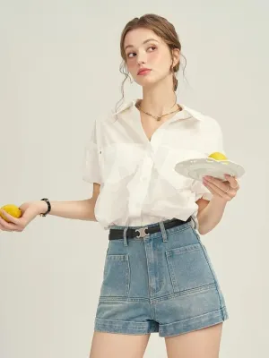 Women's Elegant Denim Shorts with Visible Seams — view 2