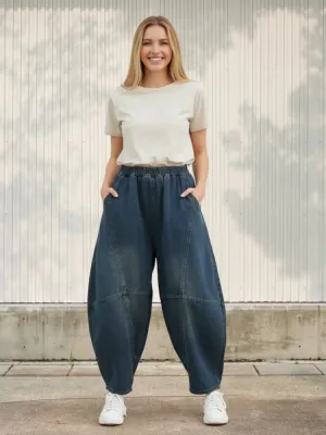 Women's Extra Wide Washed Balloon Jeans with Elastic Waist — view 1