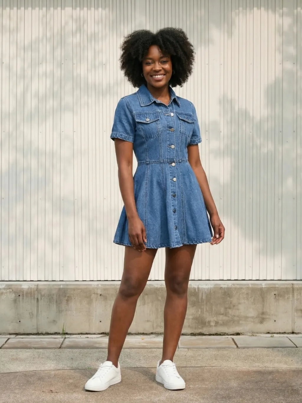 Women's Fitted Short Denim Dress with Short Sleeves