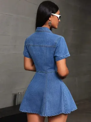 Women's Fitted Short Denim Dress with Short Sleeves — view 3