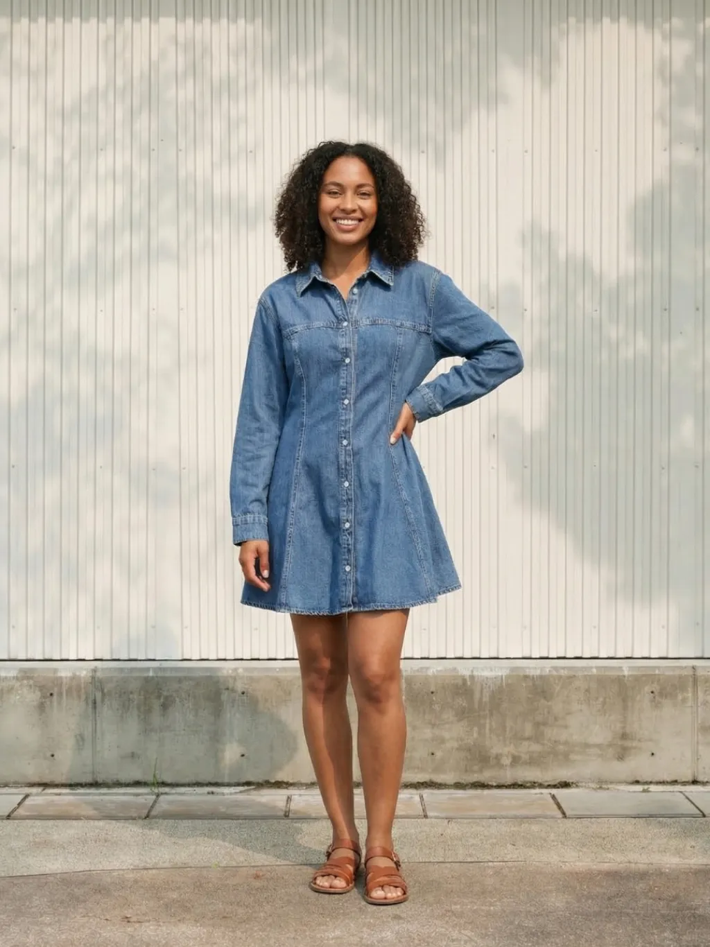 Women's Flared Short Denim Dress with Long Sleeves