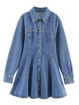 Women's Flared Short Denim Dress with Long Sleeves — view 2