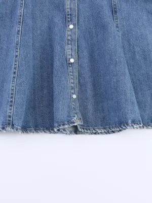 Women's Flared Short Denim Dress with Long Sleeves — view 5