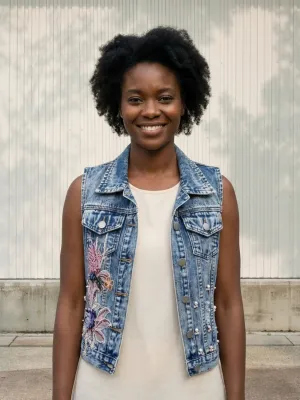 Women's Floral Embroidered Sleeveless Denim Jacket — view 1