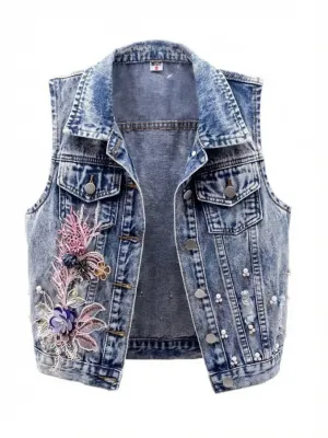 Women's Floral Embroidered Sleeveless Denim Jacket — view 2