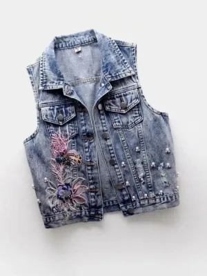 Women's Floral Embroidered Sleeveless Denim Jacket — view 4