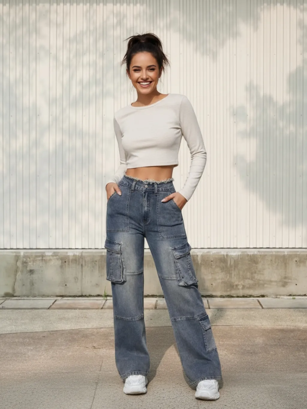 Women's Grey Washed Cargo Denim Work Jeans