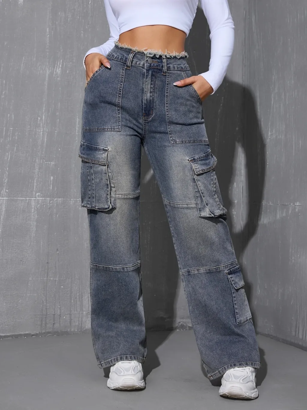 Women's Grey Washed Cargo Denim Work Jeans — a pair designed to be worn everywhere