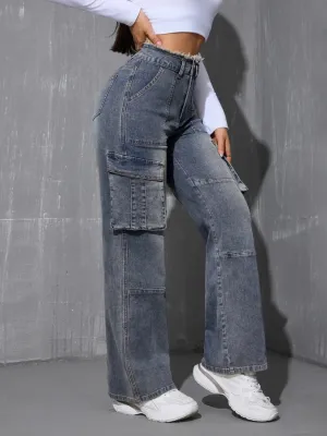 Women's Grey Washed Cargo Denim Work Jeans — view 4