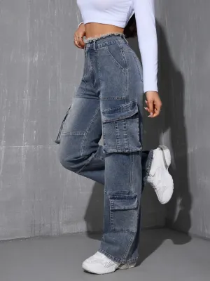 Women's Grey Washed Cargo Denim Work Jeans — view 5