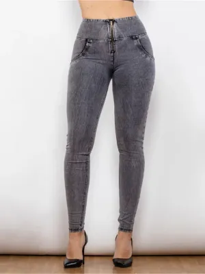 Women's Grey Washed Push-Up Shaping Jeans with Zip — view 3
