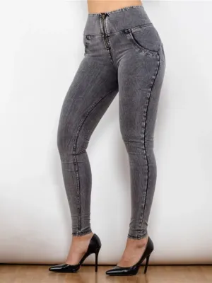 Women's Grey Washed Push-Up Shaping Jeans with Zip — view 6
